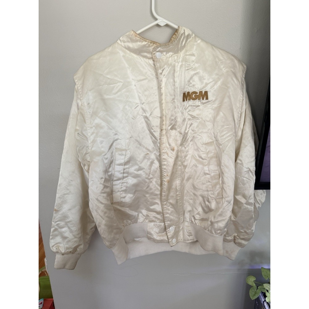 Vintage 90's MGM Grand Las Vegas Casino White Satin Bomber Jacket Size Medium